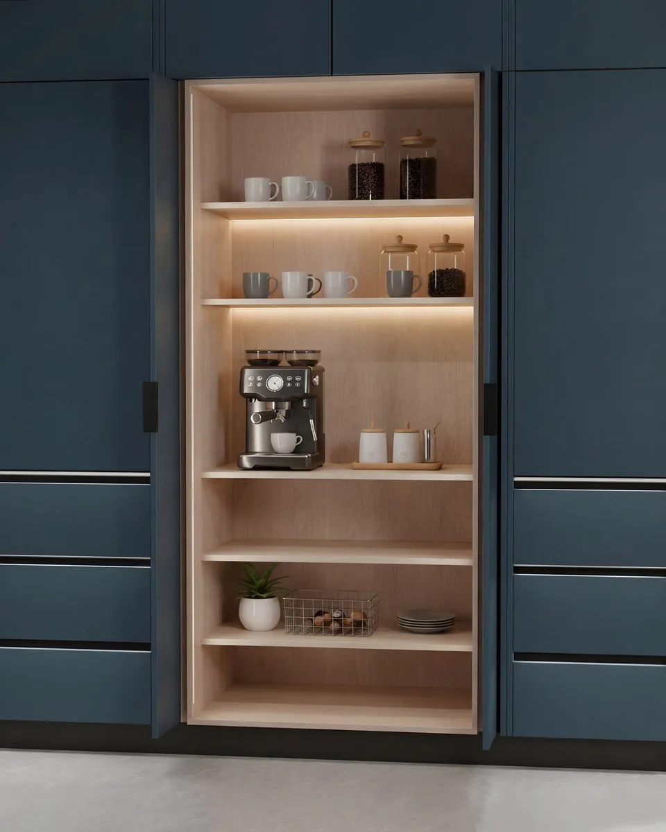 Mueble alto azul con las dos puertas centrales abiertas y guardadas dentro de los laterales, dejando a la vista estantes iluminados con una cafetera y tazas.