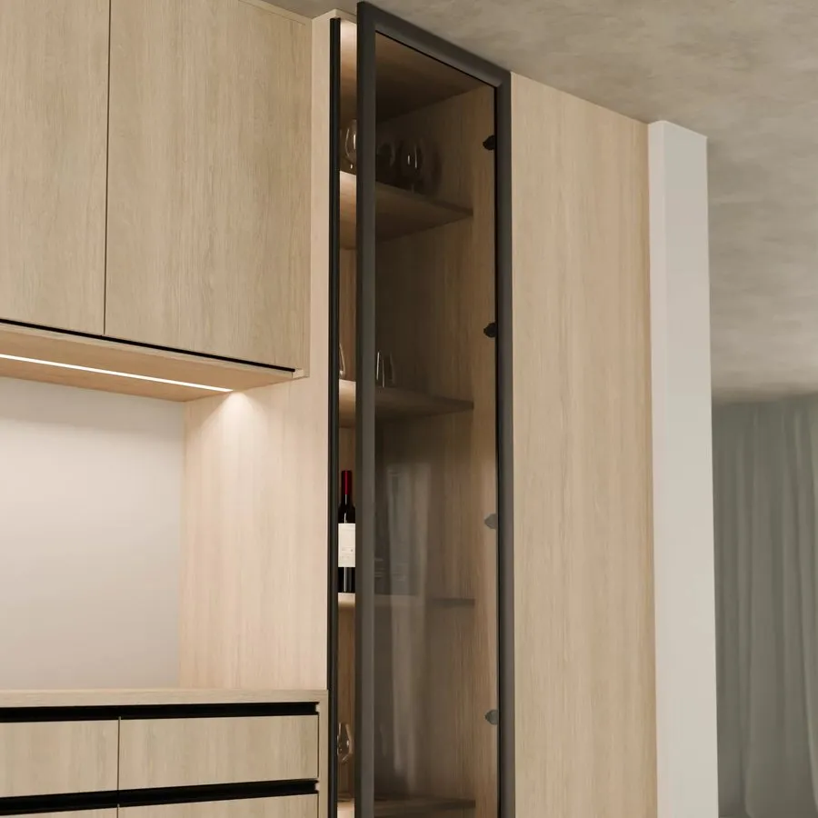 Mueble de living con un estante iluminado por una luz LED y una vitrina con marco negro.